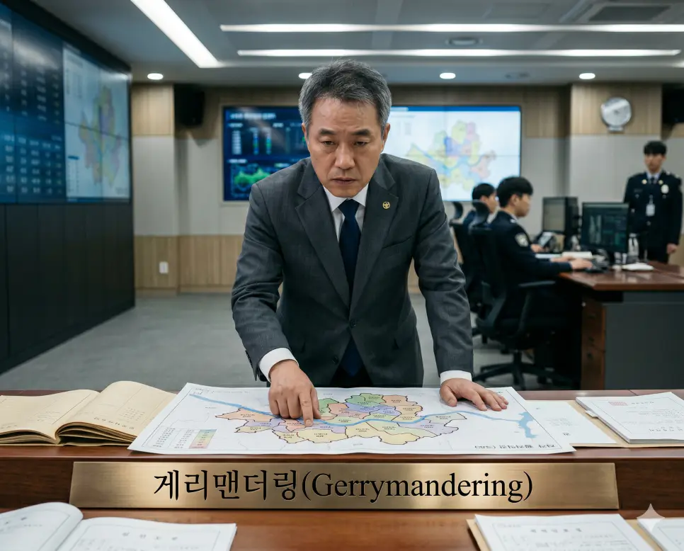 특정 세력에게 유리하게 선거구를 인위적이고 기형적인 형태로 조정한 게리맨더링의 왜곡 상태를 국회 입법 연구실에서 한 평론가가 기괴하게 쪼개진 지도 지형의 경계선 데이터를 손가락으로 짚으며 정밀하게 지적하는 정면 극실사 모습