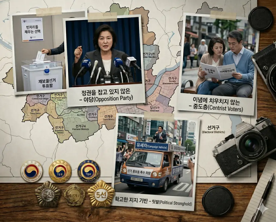 야간 거리에서 표심을 호소하는 후보자들의 격전지 유세, 헌법 정신에 기초해 권력을 상호 견제하는 삼권분립의 헌정 서사, 당직자와 서류를 교환하며 화합하는 복당의 순간을 한 프레임에 자연스럽고 입체적으로 배치한 종합 극실사 이미지