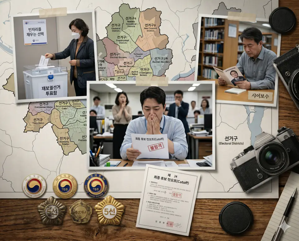 지역구 공석을 메우는 재보궐선거의 투표 현장, 주위 시선을 피해 정책을 분석하는 샤이보수의 일상 서사, 심사에서 제외되어 고뇌하는 후보자의 컷오프 장면을 한 프레임에 자연스럽고 입체적으로 배치한 인포그래픽 포스터 스타일의 종합 극실사 이미지