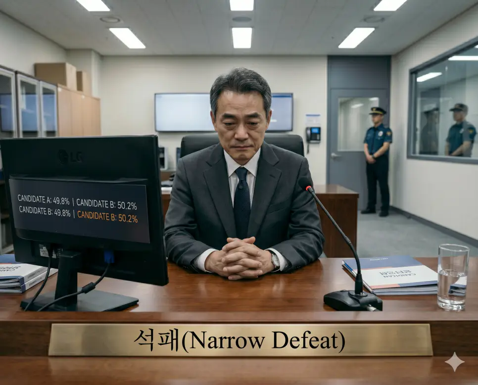 선거에서 아주 미미한 표 차이로 아깝게 패배한 상태인 석패의 무거움을 개표 마감 수치 모니터 앞에서 의연하지만 아쉬운 표정으로 눈시울을 붉히는 정치인 후보자의 얼굴 서사 구도로 연출한 뉴스 보도 스타일의 정면 극실사 모습