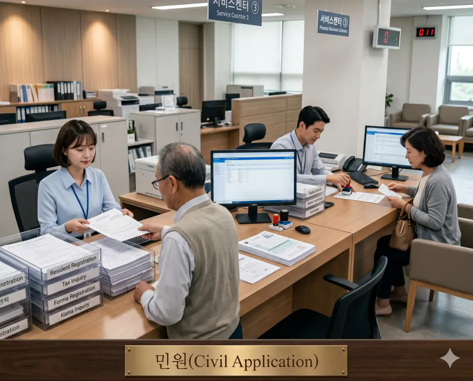 주권자 개인이 일상적인 행정 규격 내부에서 겪는 피로 상태를 치유하기 위해 특정 행위를 요구하는 공무 조업 신청 절차인 민원(Civil Application)의 현장을 종합민원실 내부 창구 선상에서 접수 대기 서류들이 정밀하게 정돈된 실제 관공서 행정 구도로 고증한 정면 극실사 모습