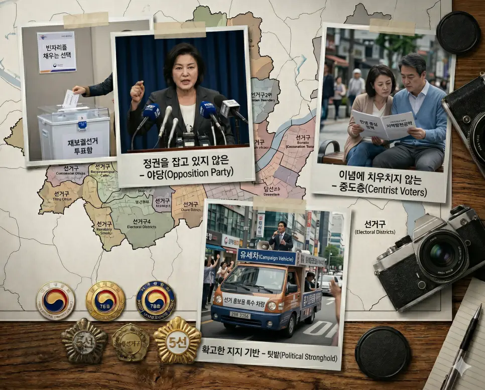 무대 위에서 지지층의 환호를 받는 전당대회의 대표 선출, 선거의 투명성을 위해 기록을 검증하는 선관위의 행정 서사, 테이블에 모여 핵심 공약을 수립하는 싱크탱크 연구원들의 모습을 한 프레임에 입체적으로 균형 있게 배열한 종합 극실사 이미지