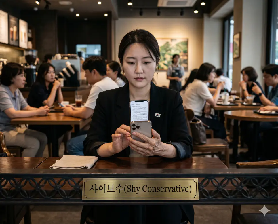 겉으로 정치적 성향을 드러내지 않는 샤이보수 유권자의 특성을 한 젊은 여성이 도심 카페 테이블에 앉아 차분하고 중립적인 표정으로 스마트폰의 정책 자료집 데이터를 조용히 읽어보는 일상적인 시선 구도의 정면 극실사 모습