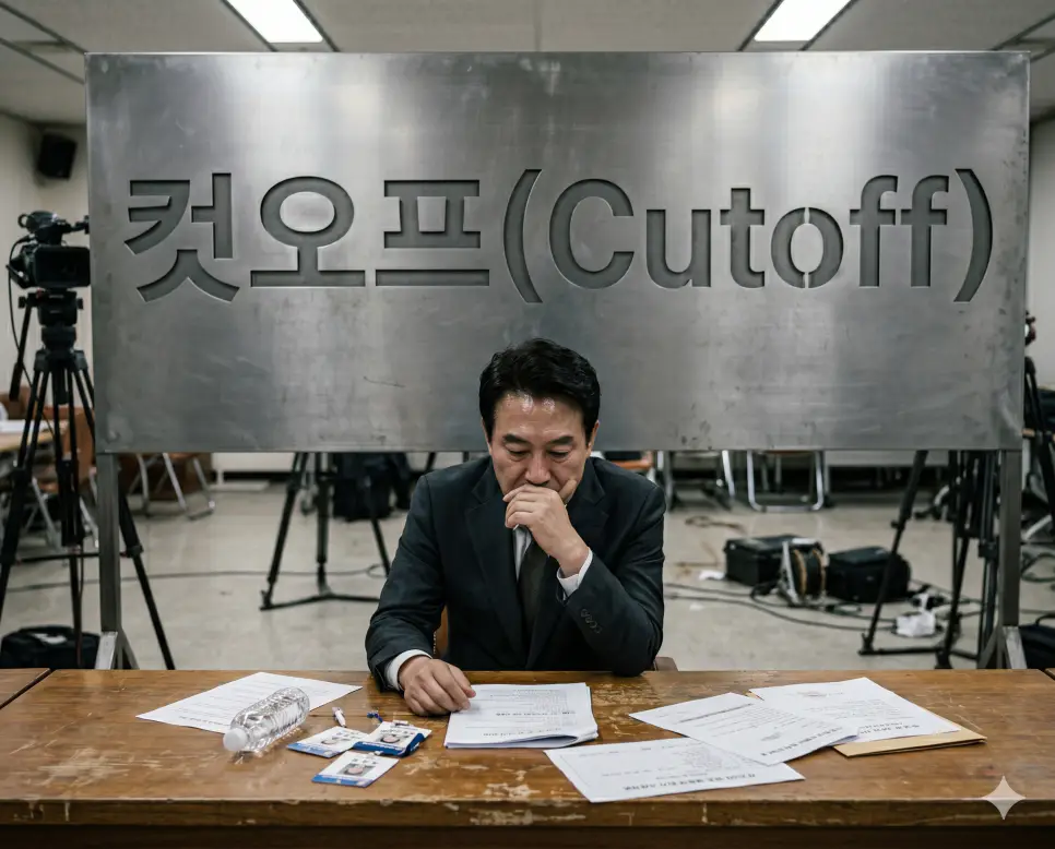 경선이나 공천 심사 과정에서 자격 기준 미달이나 낮은 지지율로 인해 강제로 탈락되는 조치인 컷오프의 순간을 언론 브리핑실 연단 옆에서 탈락 통보를 확인하고 허탈해하는 정치인 후보자의 얼굴 표정 서사 구도로 연출한 보도사진 스타일의 극실사 이미지