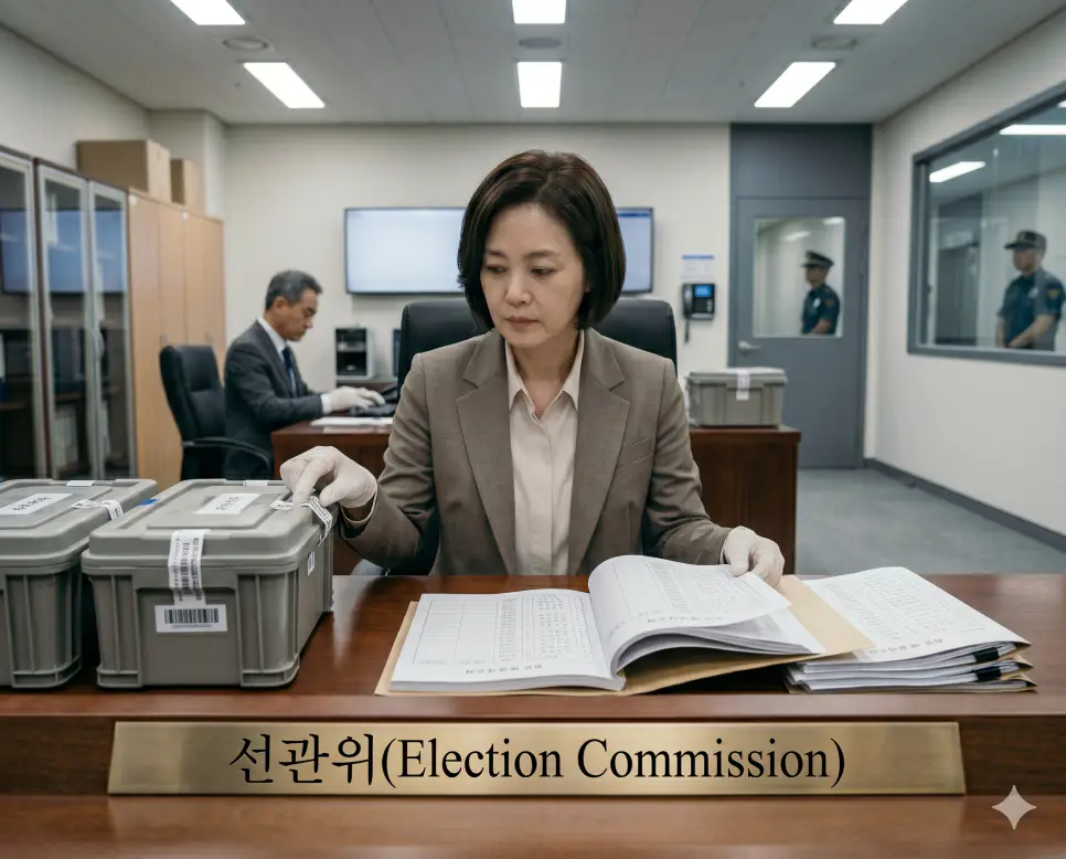선거의 공정한 관리와 투표의 신뢰성을 보장하는 헌법 기관인 선관위의 역할을 보안 검사장 테이블 위에서 한 위원이 돋보기 없이 신중하게 투표함 봉인 마크 데이터를 검수하는 엄격한 행정 구도의 정면 극실사 모습