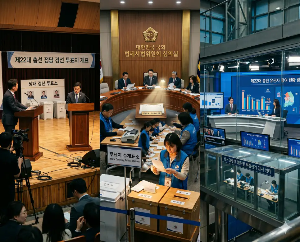 당내 투표로 최적의 경쟁력을 증명하는 경선의 투표 서사, 팽팽한 대립 속에서 균형을 결정하는 캐스팅보트의 가각 구성, 권리 유보의 무게감을 담은 기권의 공백 처리를 한 프레임에 입체적으로 요약 배치한 종합 인포그래픽 포스터 연출형 극실사 이미지