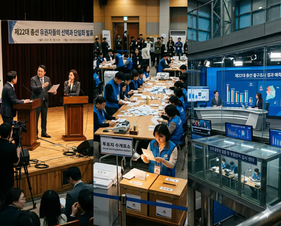 기표소에서 정당한 권리를 행사하는 유권자의 투표 서사, 공정성 훼손 여부를 정밀하게 수호하는 부정선거의 검증 정황, 그리고 후보 합동을 선포하여 결속력을 증명하는 단일화의 연대 순간을 하나의 정돈된 리얼리티 보도사진 스토리 라인으로 융합한 마스터피스 큐레이션 통합 포스터 극실사 이미지