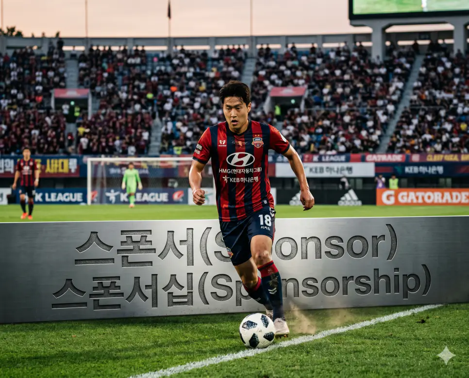대회 개최 및 구단 운영의 안정망을 구축하기 위해 자본 예산 조달 조항을 헌납하는 공식 재정 후원 주체인 스폰서(Sponsor)의 자본 기반을 잔디 구장 위를 질주하는 프로 선수의 상의 유니폼 전면에 인쇄된 대형 기업 로고의 질감을 살려 포착한 정태의 극실사 이미지