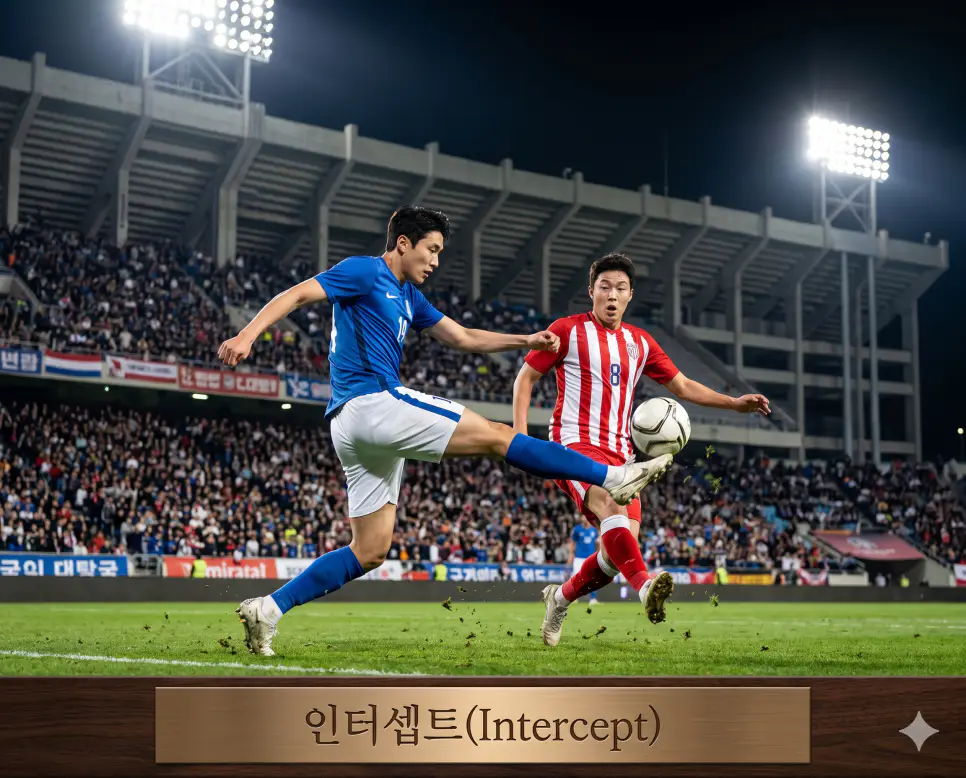 경기진행 도중 상대 진영의 패스 궤적 데이터를 중간에서 가로채 자원 소유 권한을 찬탈하는 행동 과학인 인터셉트(Intercept)의 순간을 경기장 중앙 구역에서 전문 미드필더 선수가 상대의 볼 패스 길목을 슬라이딩으로 완벽하게 끊어내는 실제 스포츠 경기 현장 구도로 고증한 정면 극실사 모습