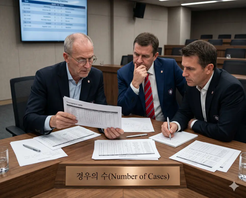 수학적 확률 공학 내부에서 어떤 사건이 일어날 수 있는 가짓수의 총합이자 토너먼트 정국에서 다음 라운드 진출을 위해 산출해야 하는 조건부 수치인 경우의 수(Number of Cases)의 분석 현장을 미디어 룸 내부에서 스태프들이 복잡한 순위표 서류를 정밀하게 대조하며 검토하는 실제 스포츠 경기 행정 구도로 고증한 정면 극실사 모습