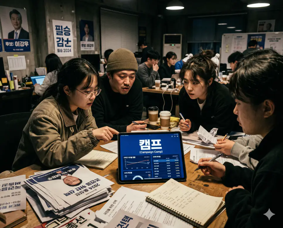 지역 선거 사무소 데스크 위에 놓인 태블릿 PC 화면 레이아웃 상단에 크고 밝은 화이트 톤의 폰트로 캠프 메뉴 이름이 또렷하고 선명하게 표시되어 가독성이 매우 높으며 주변에 분석 참모들이 집중하고 있는 야간 밀착 접사 구도의 극실사 이미지