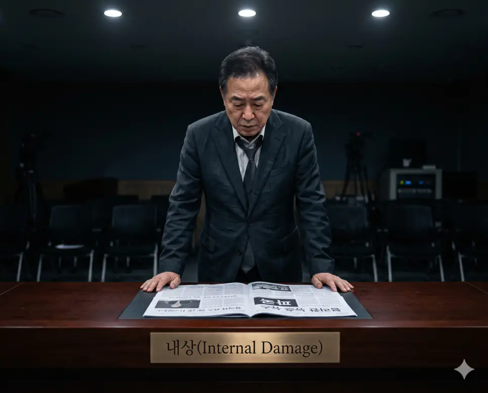 치명적인 이미지 실추와 세력 약화를 겪는 현상인 내상의 상태를 당사 브리핑룸 테이블 앞에서 한국인 선거 후보자가 참담한 표정으로 지지율 급락 보도 서류를 바라보며 한 손으로 턱을 괴고 괴로워하는 심리 서사 구도의 극실사 모습