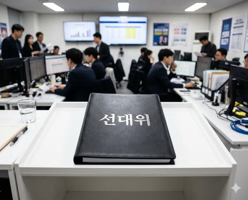 종합 상황실 흰색 브리핑 책상 위에 놓인 가죽 바인더 표지에 선대위 라는 한글 타이틀이 굵고 또렷한 은박 글씨로 각인되어 시인성이 극대화되어 있으며 배경에 선거 캠프 참모들이 모니터를 보며 일하는 모습이 흐릿하게 처리된 극실사 모습