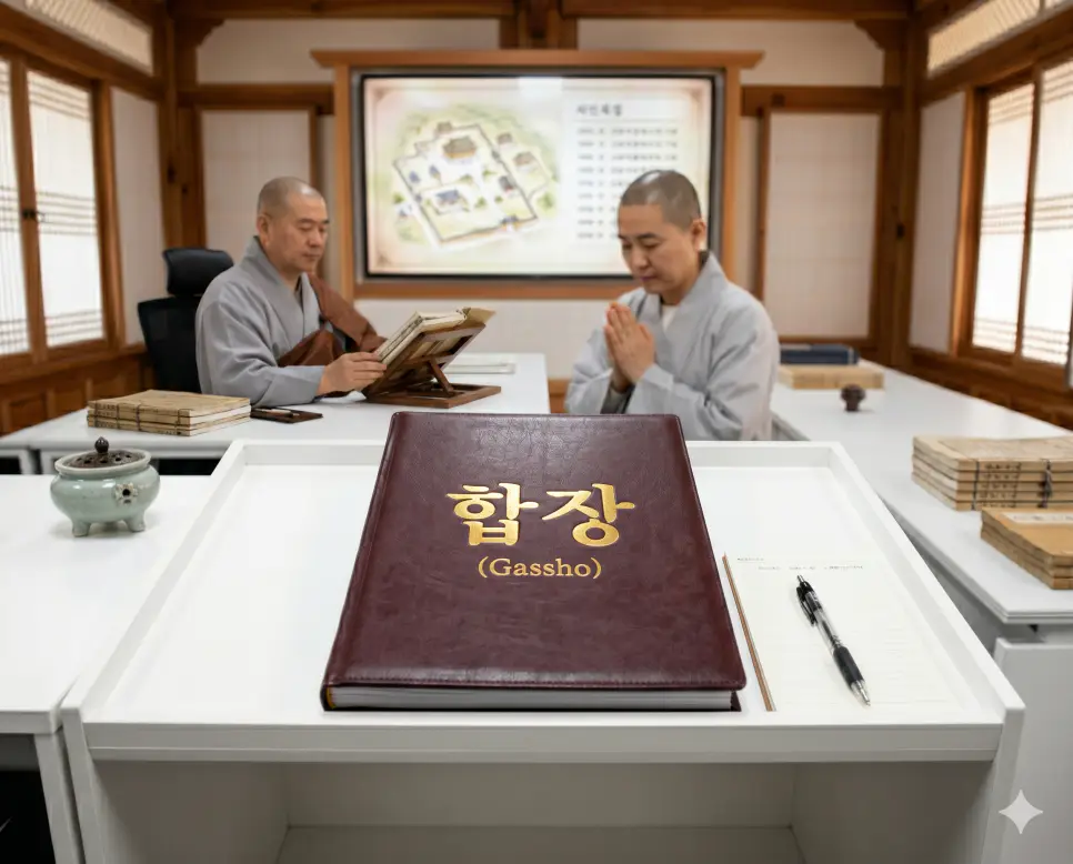 사찰 접수처의 정갈한 안내 테이블 위에 놓인 전례 안내서 표지에 합장 이라는 타이틀이 크고 또렷한 금박 글씨로 각인되어 가독성이 매우 높으며 배경에 한 불자가 가슴 앞에 두 손을 모으는 모습이 흐릿하게 처리된 극실사 모습