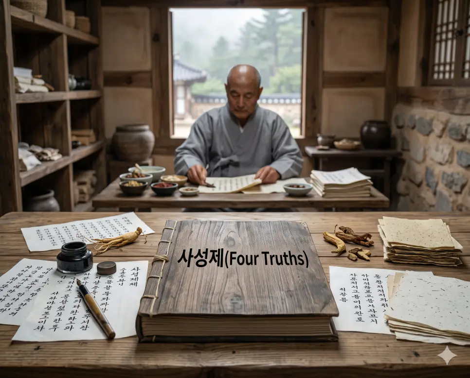 조용한 약방 데스크 위에 놓인 두꺼운 전례 두루마리 커버 표지에 사성제 라는 한글 제목이 굵고 또렷하게 인쇄되어 가독성이 완벽하게 살아나며 그 너머로 한국인 스님이 약초 서류들을 정갈하게 분류하는 치유의 정경을 담아낸 접사 구도의 극실사 이미지