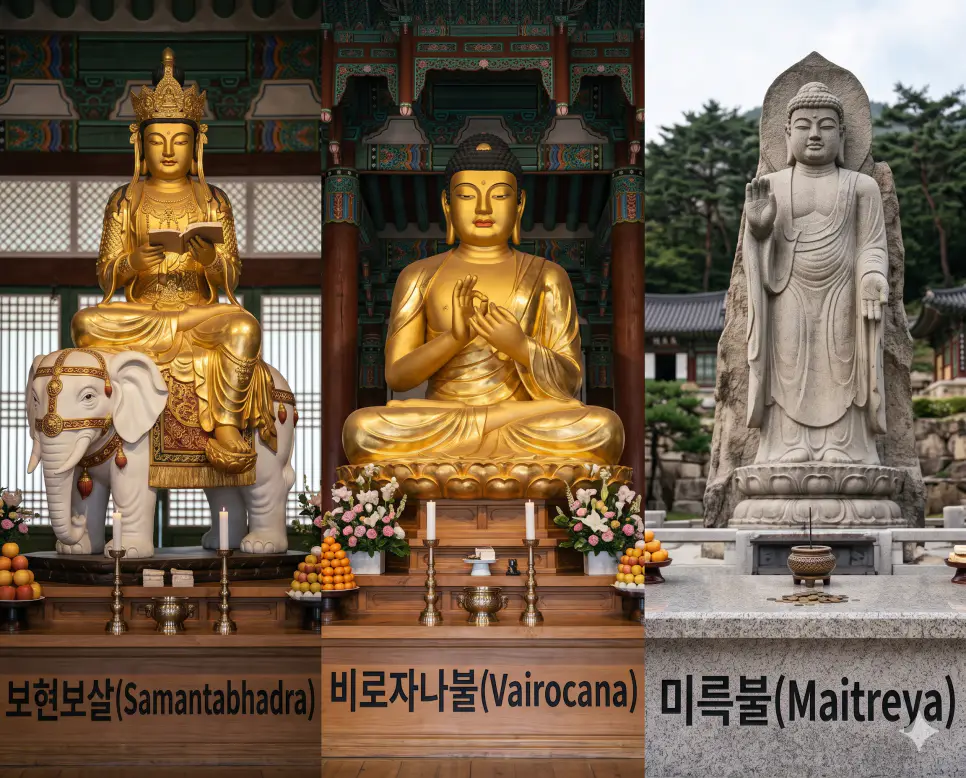 한 프레임 안에 왼쪽, 가운데, 오른쪽으로 3단 칼분할된 시사 주간지 표지 구도로서, 왼쪽에는 흰 코끼리를 탄 금빛 보현보살 상과 제단 위 글자, 가운데에는 법계를 비추는 금빛 비로자나불 상과 불단 표지판 타이틀, 오른쪽에는 산사 야외 석조 미륵불 상과 화강암 탁자에 새겨진 한글 제목을 전면에 크고 선명하게 배치하여 가독성과 실제 불교 사진의 장엄한 현장 질감을 극대화한 찐 실사 보도사진 이미지