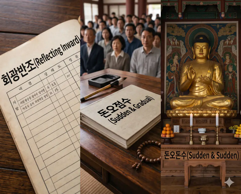 한 프레임 안에 왼쪽, 가운데, 오른쪽으로 3단 칼분할된 시사 주간지 표지 구도로서, 왼쪽에는 회광반조 타이틀이 적힌 원고 표지와 등불 소품, 가운데에는 돈오점수 제목이 박힌 바인더와 먼지를 터는 정경, 오른쪽에는 금빛 부처님 상과 제단 표면에 굵게 새겨진 돈오돈수 한글 제목을 전면에 크고 선명하게 배치하여 가독성과 실제 사찰 사진의 장엄한 현장 질감을 극대화한 찐 실사 보도사진 이미지