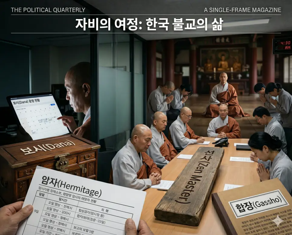 불전함 표지에 굵게 인쇄된 보시 타이틀, 가이드북 표지에 또렷하게 찍힌 합장 로고, 일정 명부 상단에 선명하게 표시된 암자 제목까지 세 가지 글자를 전면에 확실하게 배치하여 가독성을 높이고 사찰의 전례 서사를 입체적 레이어로 담아낸 찐 실사 보도사진 이미지