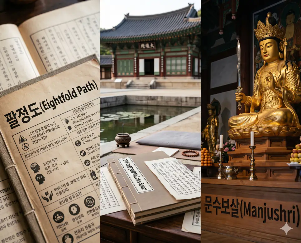 한 프레임 안에 왼쪽, 가운데, 오른쪽으로 3단 칼분할된 시사 주간지 표지 구도로서, 왼쪽에는 팔정도 지침서 표지, 가운데에는 나무묘법연화경 기도 서적 정경, 오른쪽에는 전각 내부 불단 위에 봉안된 금빛 문수보살 불상과 제단 표면에 굵게 새겨진 문수보살 한글 제목을 전면에 크고 선명하게 배치하여 가독성과 실제 사찰 사진의 현장 질감을 극대화한 찐 실사 보도사진 이미지