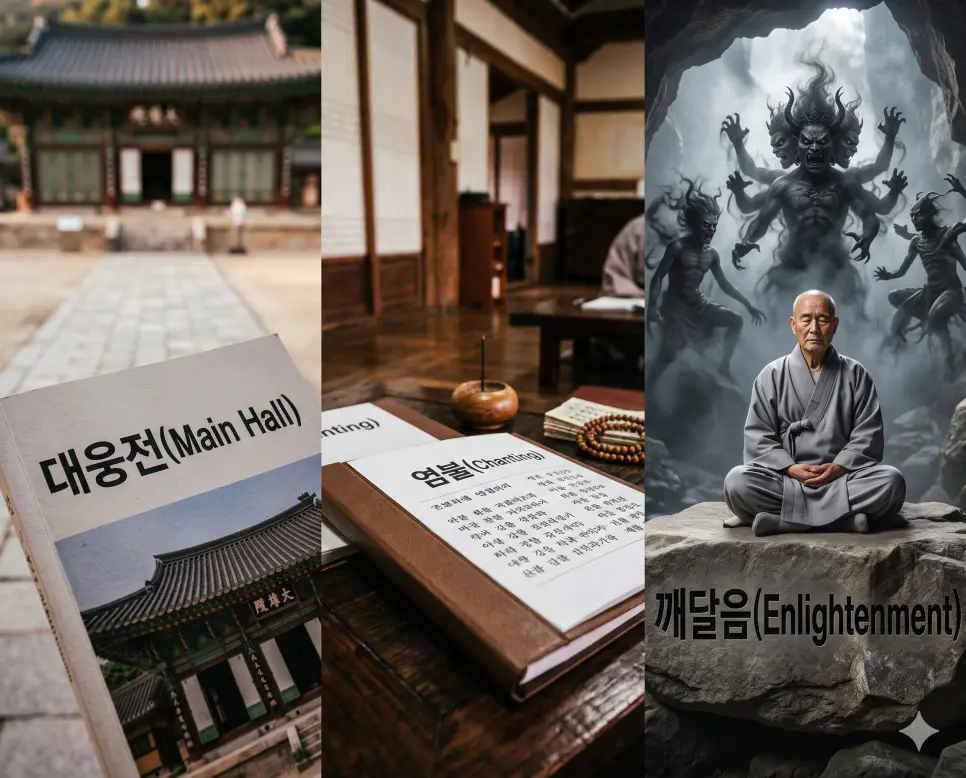 한 프레임 안에 왼쪽, 가운데, 오른쪽으로 3단 칼분할된 시사 주간지 표지 구도로서, 왼쪽에는 대웅전 가이드북, 가운데에는 염불 예불문 서적을 배치하고, 오른쪽 패널에는 머리 위로 밀려드는 어두운 마라의 망상 환영 속에서도 산속 바위 위에 가부좌를 틀고 꼼짝도 하지 않는 한국인 스님의 수행 정경을 담았으며 스님이 앉은 바위 표면에 깨달음 이라는 한글 타이틀을 크고 선명하게 새겨 시인성을 극대화한 찐 실사 보도사진 이미지