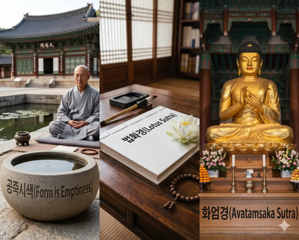 한 프레임 안에 왼쪽, 가운데, 오른쪽으로 3단 칼분할된 시사 주간지 표지 구도로서, 왼쪽에는 공즉시색 타이틀이 새겨진 명상 수조의 정경, 가운데에는 법화경 제목이 박힌 화이트 경전 서적과 백연꽃 소품, 오른쪽에는 금빛 비로자나불 불상과 제단 표면에 굵게 새겨진 화엄경 한글 제목을 전면에 크고 선명하게 배치하여 가독성과 실제 사찰 사진의 장엄한 현장 질감을 극대화한 찐 실사 보도사진 이미지