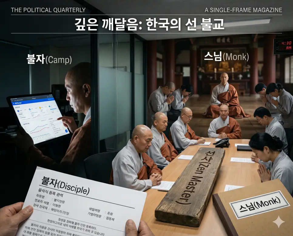 목판 위에 굵게 새겨진 선사 타이틀, 바인더 표지에 또렷하게 찍힌 스님 로고, 법회 명부 상단에 선명하게 표시된 불자 제목까지 세 가지 글자를 전면에 확실하게 배치하여 가독성을 높이고 사찰의 전례 서사를 입체적 레이어로 담아낸 찐 실사 보도사진 이미지