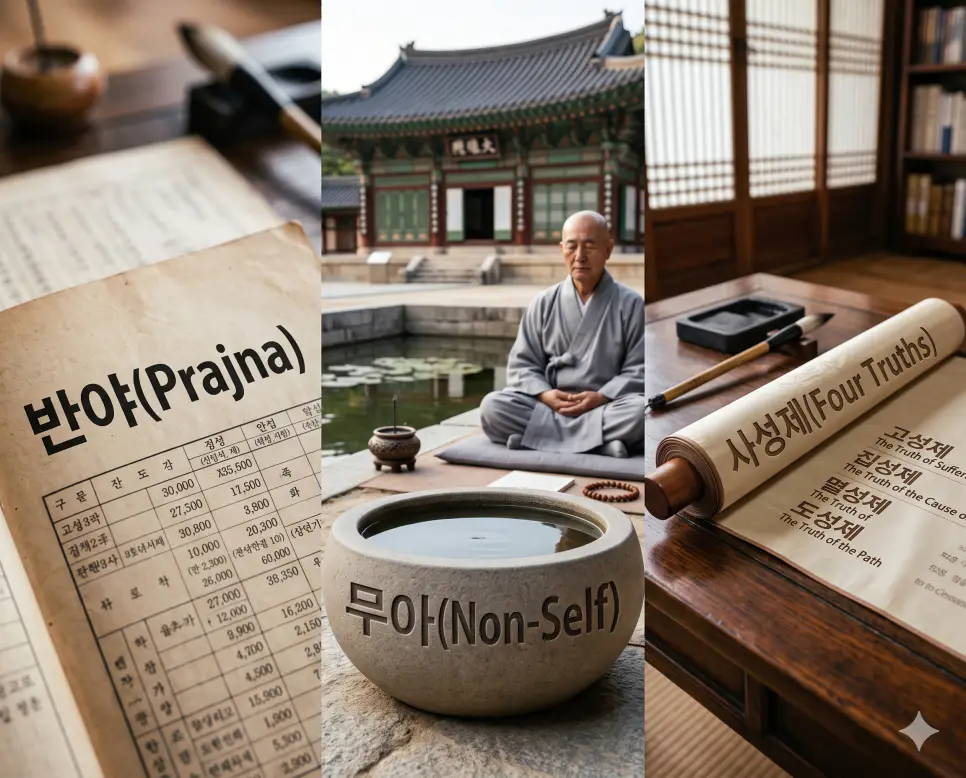 한 프레임 안에 왼쪽, 가운데, 오른쪽으로 3단 칼분할된 시사 주간지 표지 구도로서, 왼쪽에는 반야 타이틀이 적힌 원고 표지, 가운데에는 무아 글자가 새겨진 명상 수조와 승려의 정경, 오른쪽에는 사성제 제목이 박힌 치유 스크롤 표지를 전면에 크고 선명하게 배치하여 가독성과 현장 사진의 질감을 극대화한 찐 실사 보도사진 이미지