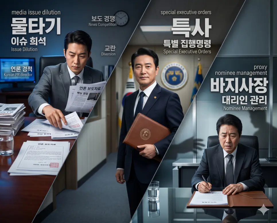 이슈 분산을 위해 서류를 배포하는 물타기 정국, 가죽 서류철을 들고 복도를 지나는 특사의 직무 서사, 초조하게 대역 명의 계약서에 서명하는 바지사장의 장면을 한 프레임에 입체적이고 균형 있게 배치한 한국인 중심 종합 극실사 이미지