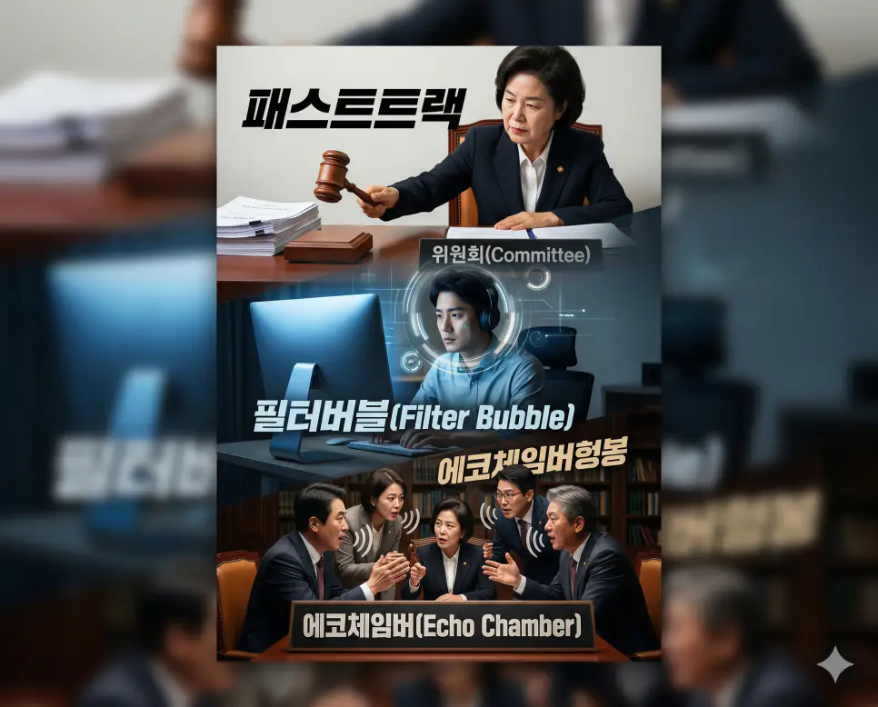 의장석에서 법안 처리를 속개하는 패스트트랙의 의정 장면, 모니터 불빛 아래 고립된 필터버블의 유권자 서사, 밀실에 모여 목소리를 증폭시키는 에코체임버 당원들의 회의 정국을 한 프레임에 입체적이고 균형 있게 배치한 한국인 중심 종합 극실사 이미지