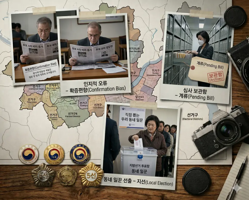 화면 속 정보만 선택적으로 정독하는 확증편향의 순간, 캐비닛 속 서류를 점검하는 계류 법안 정국, 주민 센터에서 권리를 행사하는 지선의 투표 장면을 한 프레임에 입체적으로 균형 있게 배치한 한국인 중심 종합 극실사 이미지