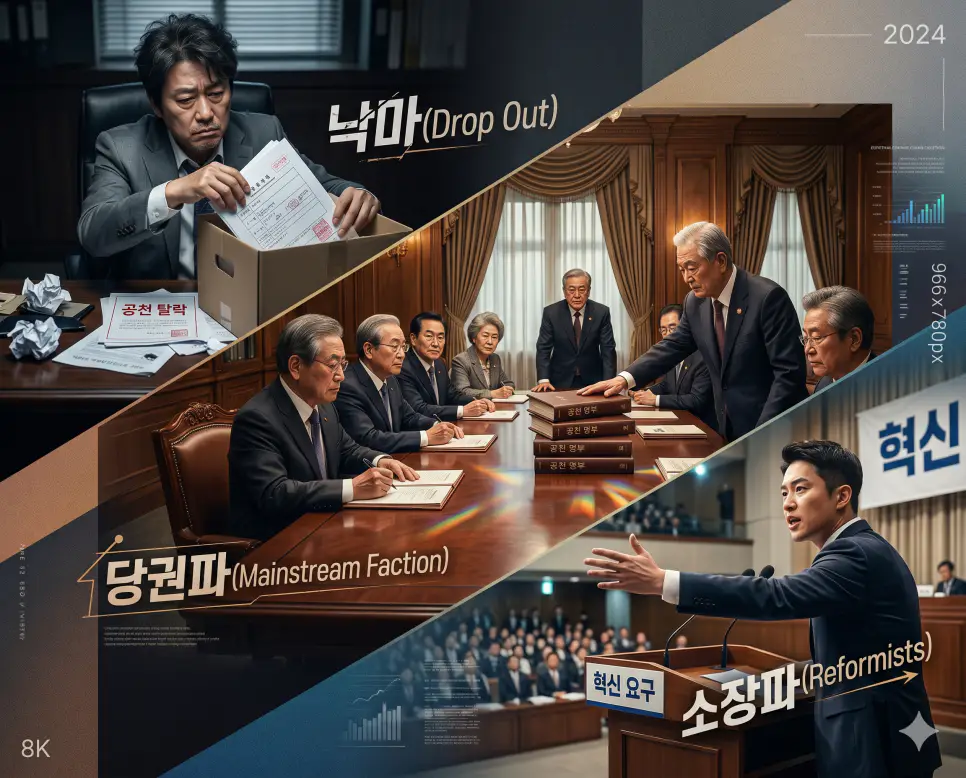 탈락 서류를 정리하며 고뇌하는 낙마 후보자의 사무실, 공천 인장을 검토하며 권력을 행사하는 당권파의 최고위 집무, 연단에서 쓴소리 혁신안을 발표하는 소장파 의원의 정국을 한 프레임에 입체적으로 배치한 한국인 중심 종합 극실사 이미지