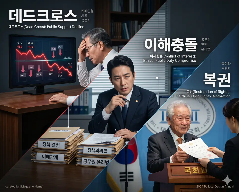 모니터 속 낙폭을 확인하는 데드크로스의 참모 정국, 서류철 앞에서 윤리적 척도를 저울질하는 이해충돌의 공직 실무, 연단에서 권리 증서를 수령하며 안도하는 복권 정치인의 모습을 한 프레임에 입체적으로 배치한 한국인 중심 종합 극실사 이미지