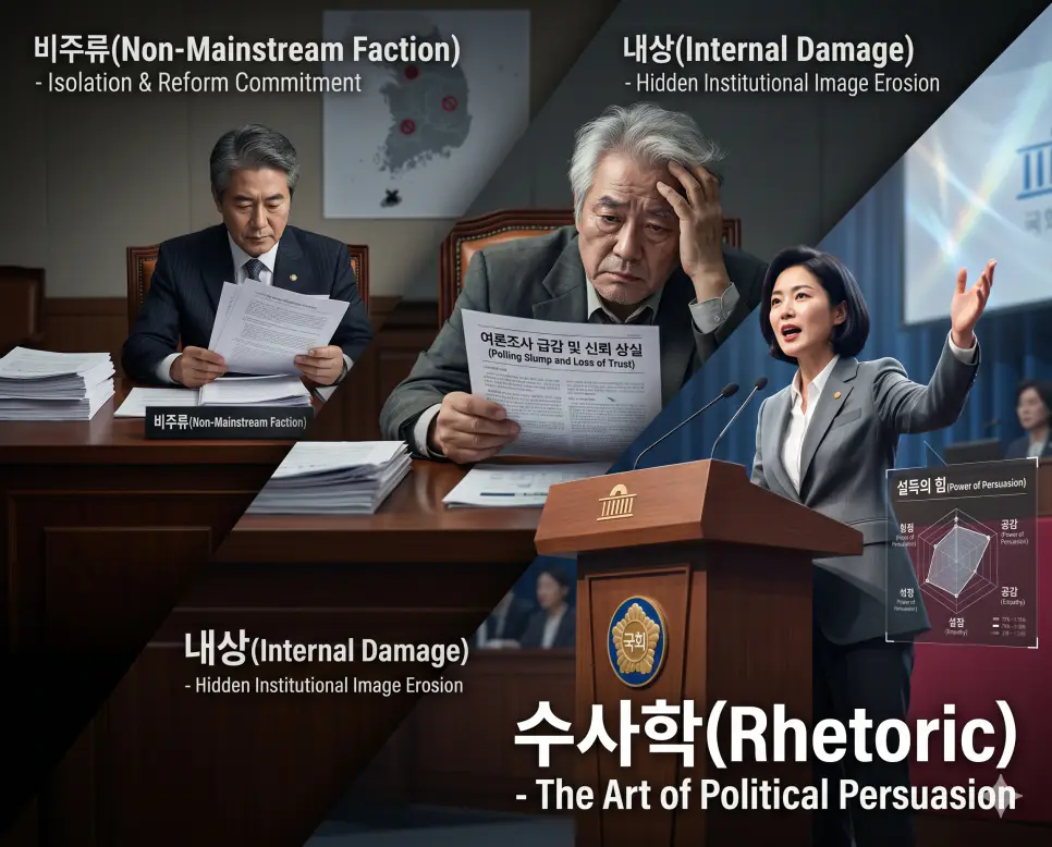 외곽 좌석에서 백서를 검토하는 비주류 의원의 모습, 급락 보고서를 보며 이미지 실추에 번민하는 후보자의 내상 정국, 연단에서 청중의 심리를 파고드는 화려한 수사학 연설 장면을 한 프레임에 입체적으로 배치한 한국인 중심 종합 극실사 이미지