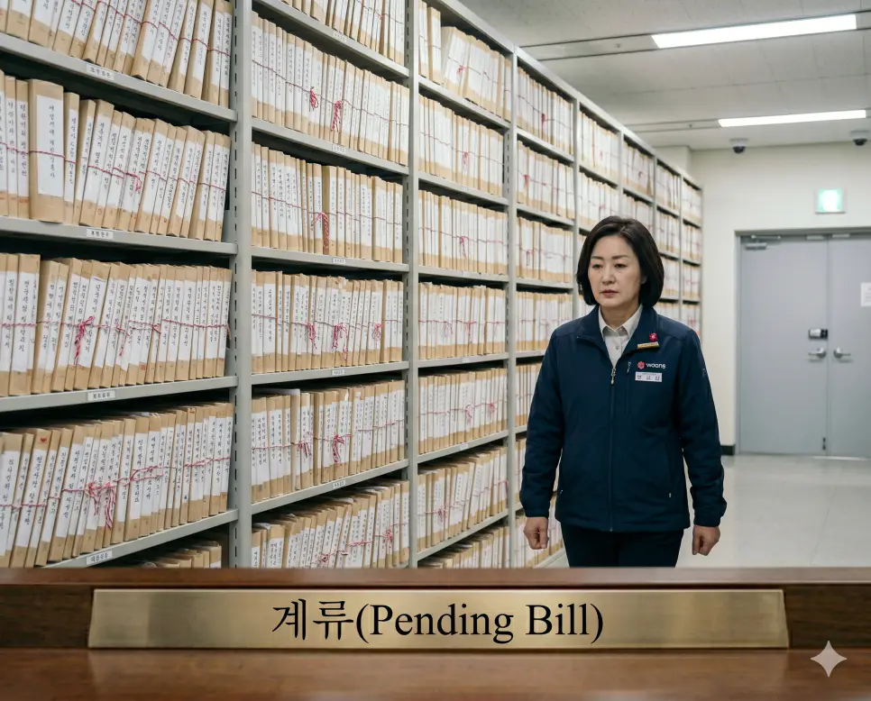법안이 국회 본회의 문턱을 넘지 못하고 보관함에 머물러 있는 계류 상태를 국회 기록 보존실 문서 선반 사이에서 한국인 행정 실무관이 산더미처럼 쌓인 심사 대기 문서 서류들을 확인하며 고뇌하는 정태적 구도의 극실사 모습