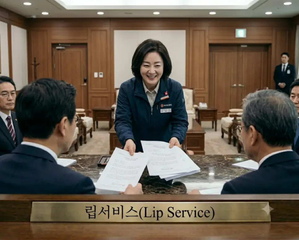 행동이 따르지 않고 겉으로만 상대방의 환심을 사려는 빈말인 립서비스의 행태를 기업 대접견실 테이블에서 한국인 로비스트가 입꼬리를 과장되게 올리며 마음에도 없는 칭찬 서류를 제시하는 심리적 연출 구도의 정면 극실사 모습