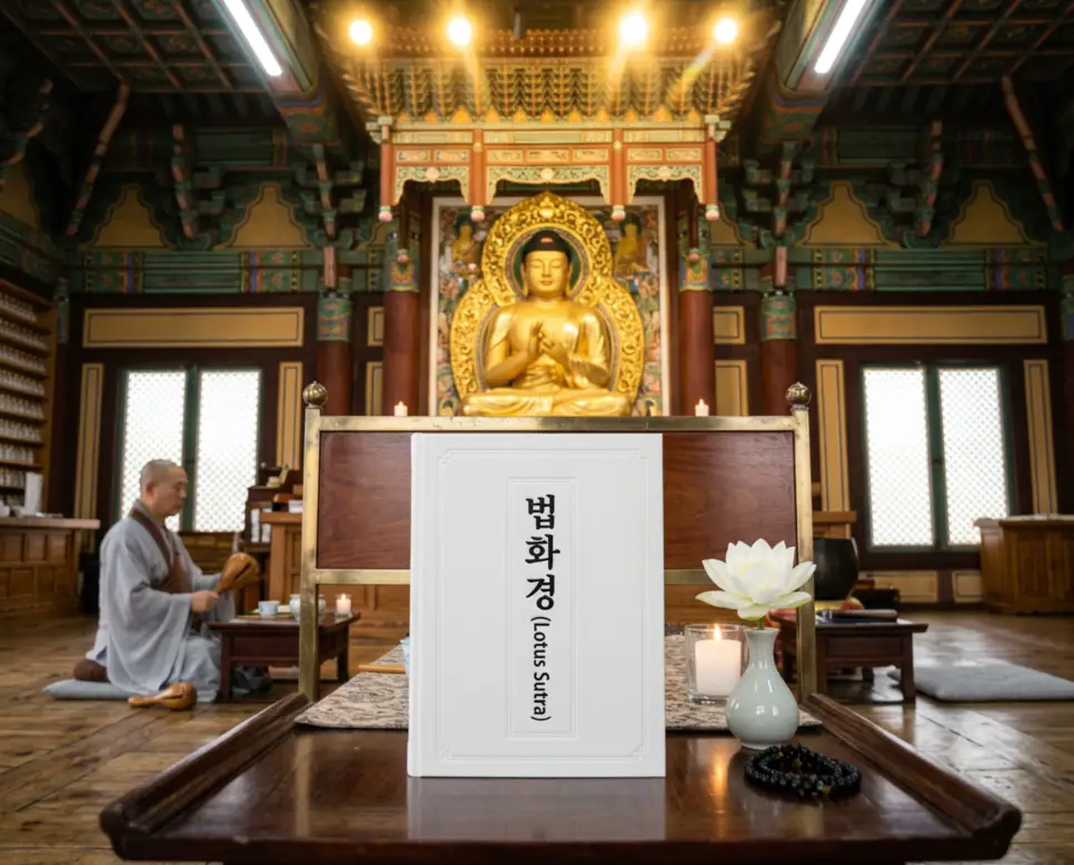 정갈한 예불 탁자 위에 놓인 깨끗한 화이트 톤의 경전 서적 표지에 법화경 이라는 한글 타이틀이 크고 또렷하게 음각 각인되어 가독성이 매우 높으며 배경에 하얀 백연꽃 소품과 함께 목탁을 쥔 불자의 손이 흐릿하게 처리된 극실사 모습