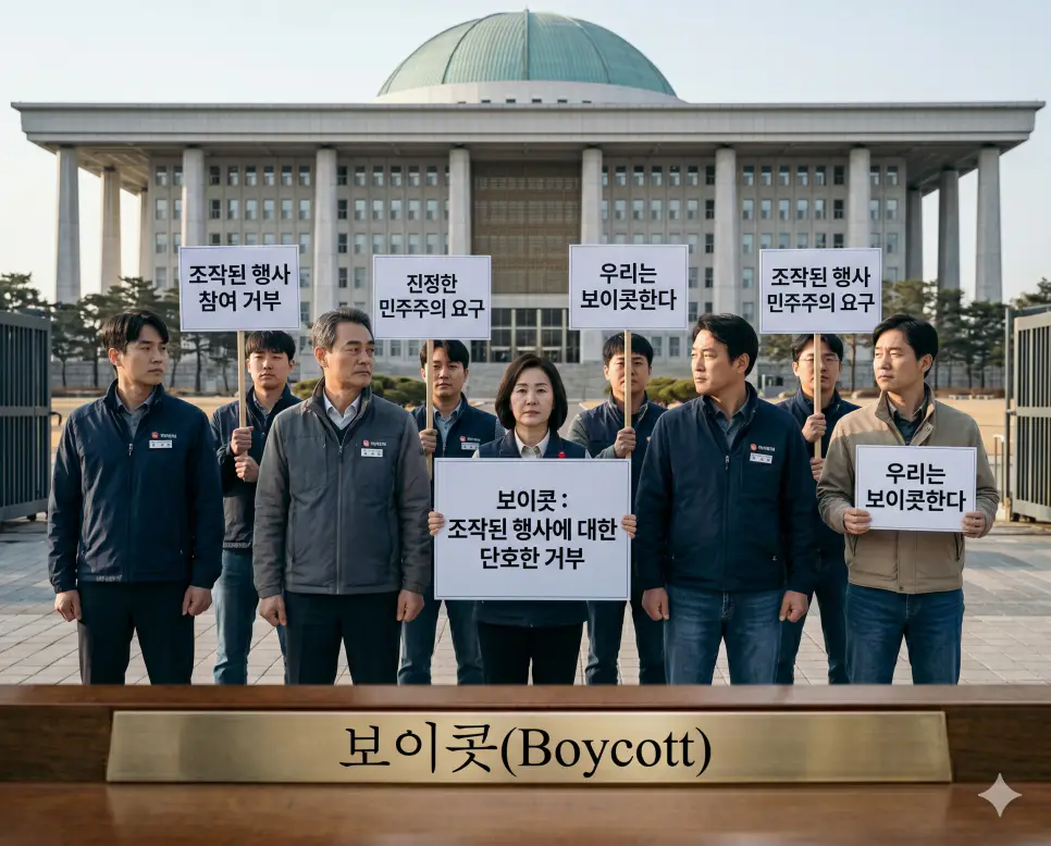 특정 정당이나 행사를 조직적으로 거부하여 의사를 관철하는 단체 거정 운동인 보이콧의 순간을 청사 정문 앞에서 한국인 유권자 및 단체 회원들이 단호하고 이성적인 표정으로 공식 거부 성명서를 들고 서 있는 정면 극실사 모습
