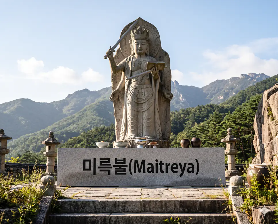 거대한 산사 야외에 우뚝 솟은 대형 석조 미륵불 마애불상이 아침 햇살을 받아 장엄하게 서 있는 실제 풍경을 담았으며 불상 아래 화강암 공양 탁자 전면에 미륵불 이라는 한글 타이틀이 크고 굵게 새겨져 시인성을 완벽하게 확보한 찐 극실사 보도사진 이미지