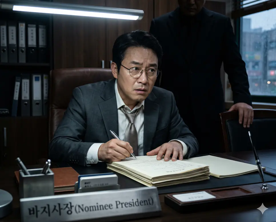명의만 빌려주고 실질적인 경영 자산 제어권이 없는 대역 경영자인 바지사장의 상황을 집무실 데스크에서 한국인 대표가 초조한 표정으로 공식 법인 인감 등록 서류에 행정 서명을 하고 배후의 인물이 지켜보는 심리적 연출 구도의 극실사 이미지