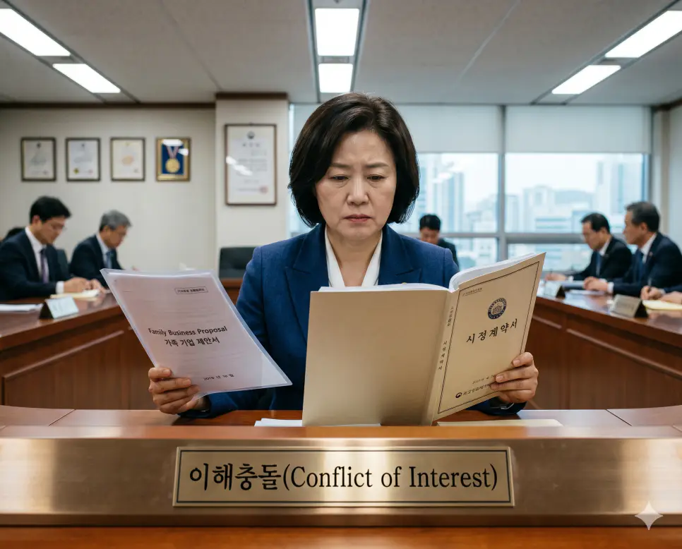 공적 책무와 사적 이익이 부딪혀 공정성이 저해될 위험이 있는 상태인 이해충돌의 순간을 회무실 테이블 위에서 한국인 행정 공직자가 정부 조달 공식 계약서와 사가 사업 계획서 서류를 양손에 쥐고 신중하게 대조하는 정면 극실사 모습