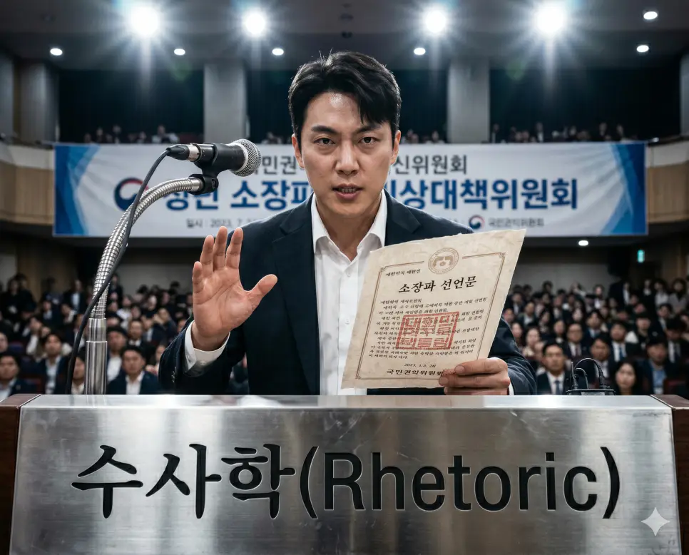 화려한 문구로 대중의 마음을 움직이는 논리 전술 과학인 수사학의 실천을 프레스 연단 앞에서 한국인 정치인이 품격 있는 손동작과 확신에 찬 눈빛으로 연설문 원고를 활용해 청중을 설득하는 세련된 인물 상반신 중심 극실사 이미지