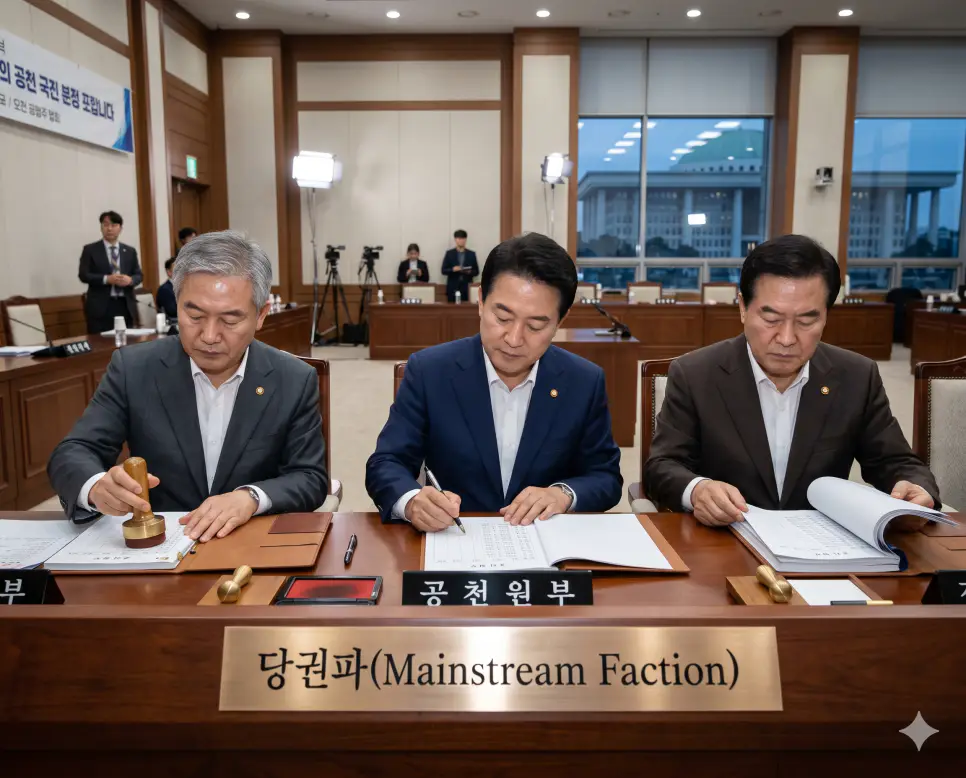 정당의 인사권과 주도권을 쥔 핵심 세력인 당권파의 주류 정국을 대회의실 상단 테이블에서 정당 지도부의 한국인 고위 의원들이 확신에 찬 표정으로 당직 공식 공천 서류에 서명하고 직인을 찍는 행정 중심 구도의 극실사 모습