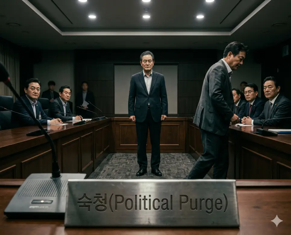 권력 기구 내부에서 반대파나 비협조적 인물을 강제로 몰아내는 숙청의 차가운 정국을 정당 최고위원회 회의실에서 한국인 당대표가 단호한 시선으로 기안 조치를 선언하고 탈락 의원이 회의장을 나서는 무거운 인물 서사 구도의 극실사 이미지