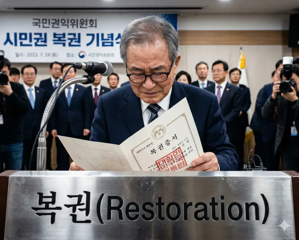 형사상 제한되었던 자격과 참정권을 국가 원수의 조치로 다시 회복시켜 주는 제도인 복권의 집행을 프레스룸 연단 앞에서 한국인 정치인이 눈시울을 붉히며 정부의 공식 자격 회복 증서 문서를 수령하는 감정적 서사의 극실사 이미지