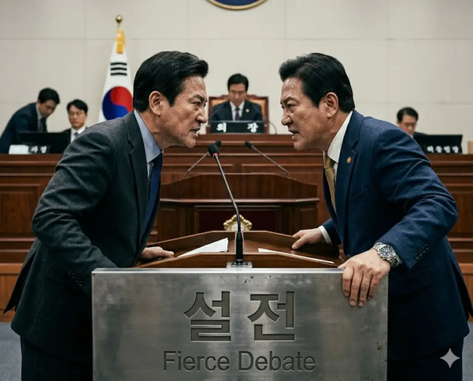 자신의 논리가 옳음을 증명하기 위해 거칠게 입씨름을 벌이는 설전의 현장을 국회 상임위 본회의장에서 한국인 의원들이 서로 마주 보며 격앙된 표정으로 상대방을 향해 삿대질을 하듯 논쟁하는 뉴스 보도사진 구도의 극실사 이미지