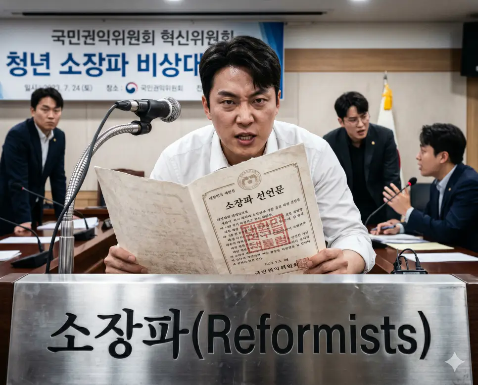 당 지도부의 독선에 맞서 쓴소리를 내는 개혁 성향의 비주류 세력인 소장파의 역할을 회의실 마이크 연단 앞에서 한국인 청년 의원이 당원들을 향해 단호하고 확고한 표정으로 개혁 조례안 문서를 들어 보이며 발언하는 인물 중심 극실사 이미지