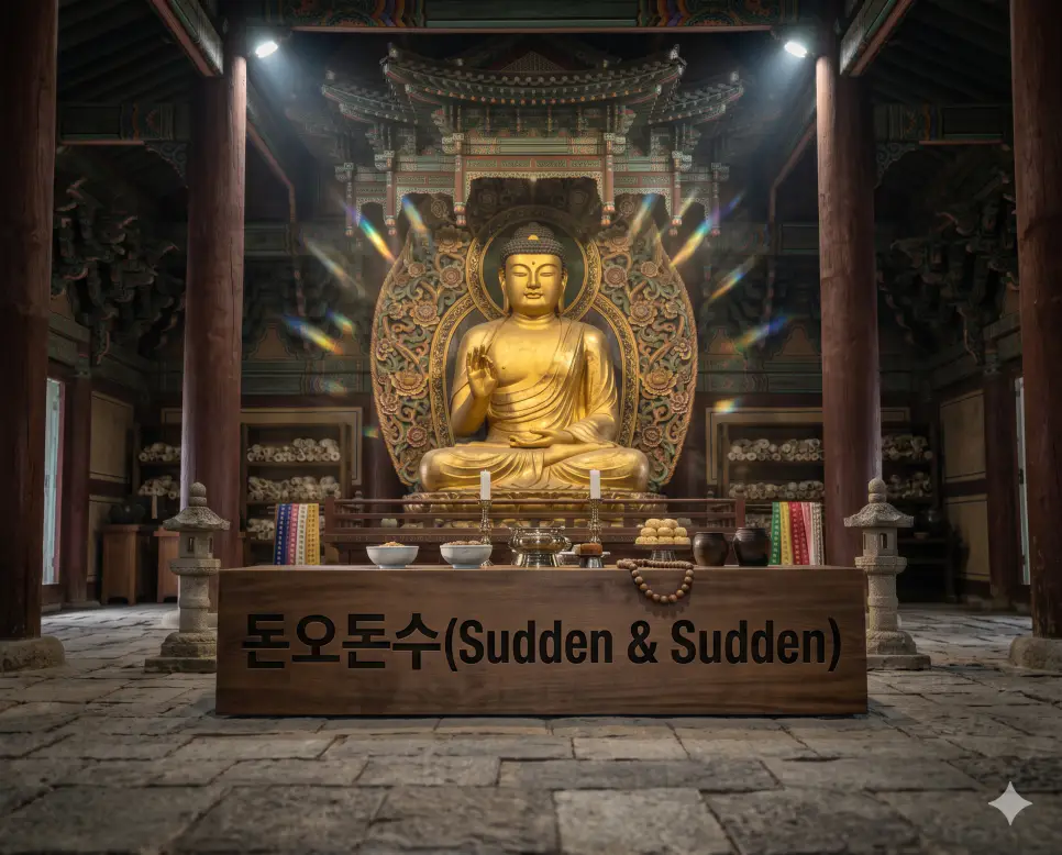 웅장한 대법당 내부 제단 위에 안치된 거대하고 흠 없는 금빛 부처님 불상이 찬란하게 빛나는 실제 정경이며 불단 바로 앞 어두운 원목 제단 표면 중심에 돈오돈수 라는 한글 제목이 크고 굵은 검은색 폰트로 각인되어 가독성을 완벽하게 확보한 찐 극실사 보도사진 이미지