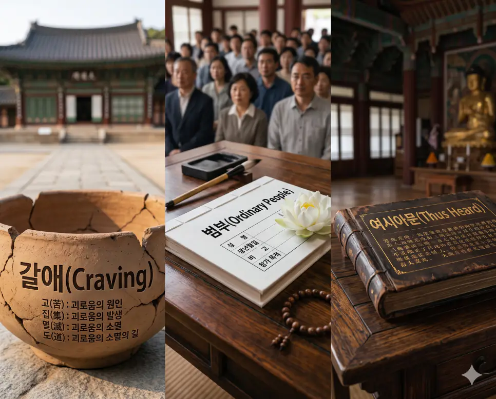 한 프레임 안에 왼쪽, 가운데, 오른쪽으로 3단 칼분할된 시사 주간지 표지 구도로서, 왼쪽에는 갈애 타이틀이 적힌 흙 그릇 소품, 가운데에는 범부 제목이 박힌 명부 원고와 대중들의 정경, 오른쪽에는 전통 제단 위에 놓인 경전 바인더와 굵게 새겨진 여시아문 한글 제목을 전면에 크고 선명하게 배치하여 가독성과 실제 사찰 사진의 현장 질감을 극대화한 찐 실사 보도사진 이미지