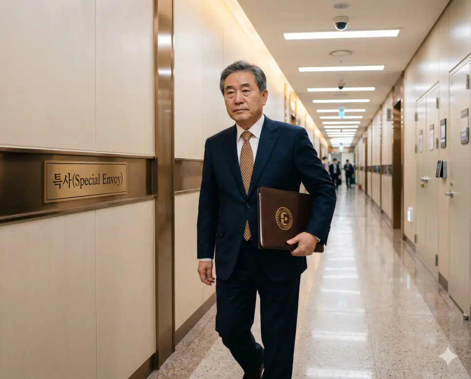 본질을 흐리기 위해 다른 이슈를 섞는 행위인 물타기의 정국을 언론 브리핑실 테이블에서 한국인 홍보 책임자가 감사 보고서 서류 뭉치 사이에 다른 가벼운 보도자료 문서를 긴박하게 섞어 넣는 인물 중심 정면 극실사 이미지