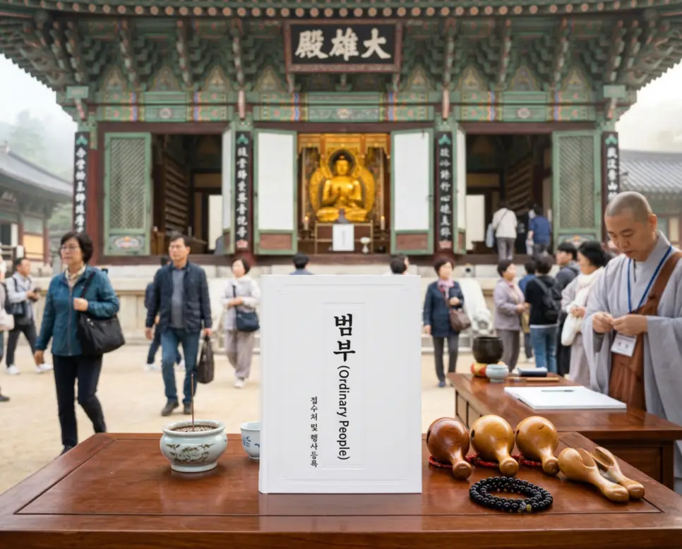 사찰 마당 접수처 책상 위에 펼쳐진 안내 명부 원고 표지에 범부 라는 한글 타이틀이 크고 또렷하게 인쇄되어 시인성이 매우 높으며 배경에 안개가 자욱한 경내를 걸어가는 평범한 대중들의 모습이 흐릿하게 처리된 극실사 모습